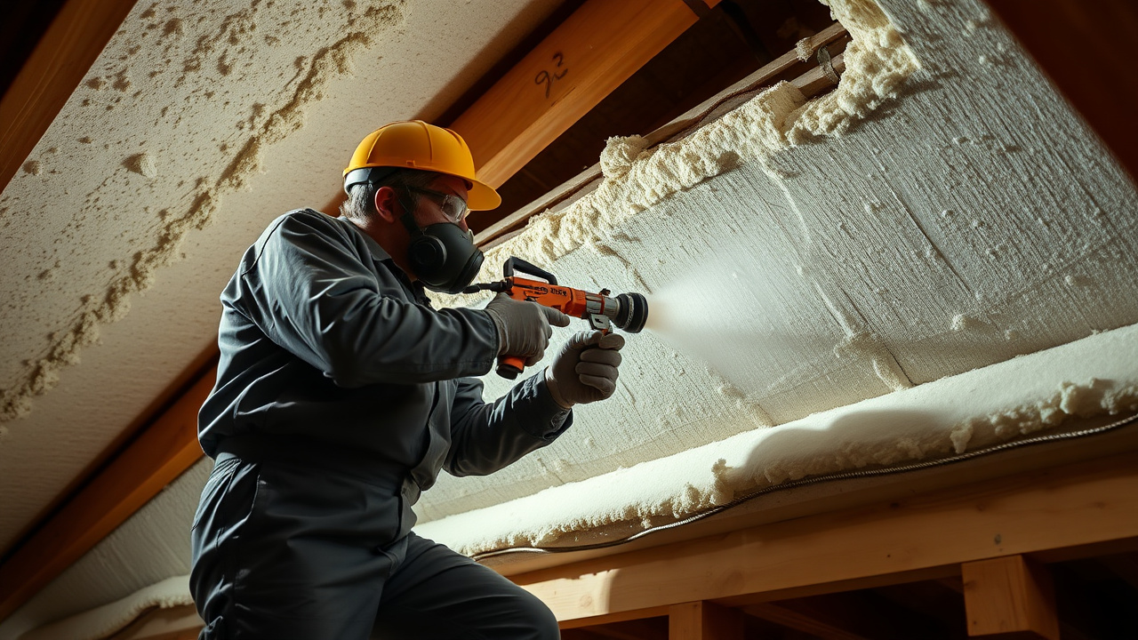 Technician spray-applying closed-cell spray foam insulation to a roof deck in an Oklahoma City attic