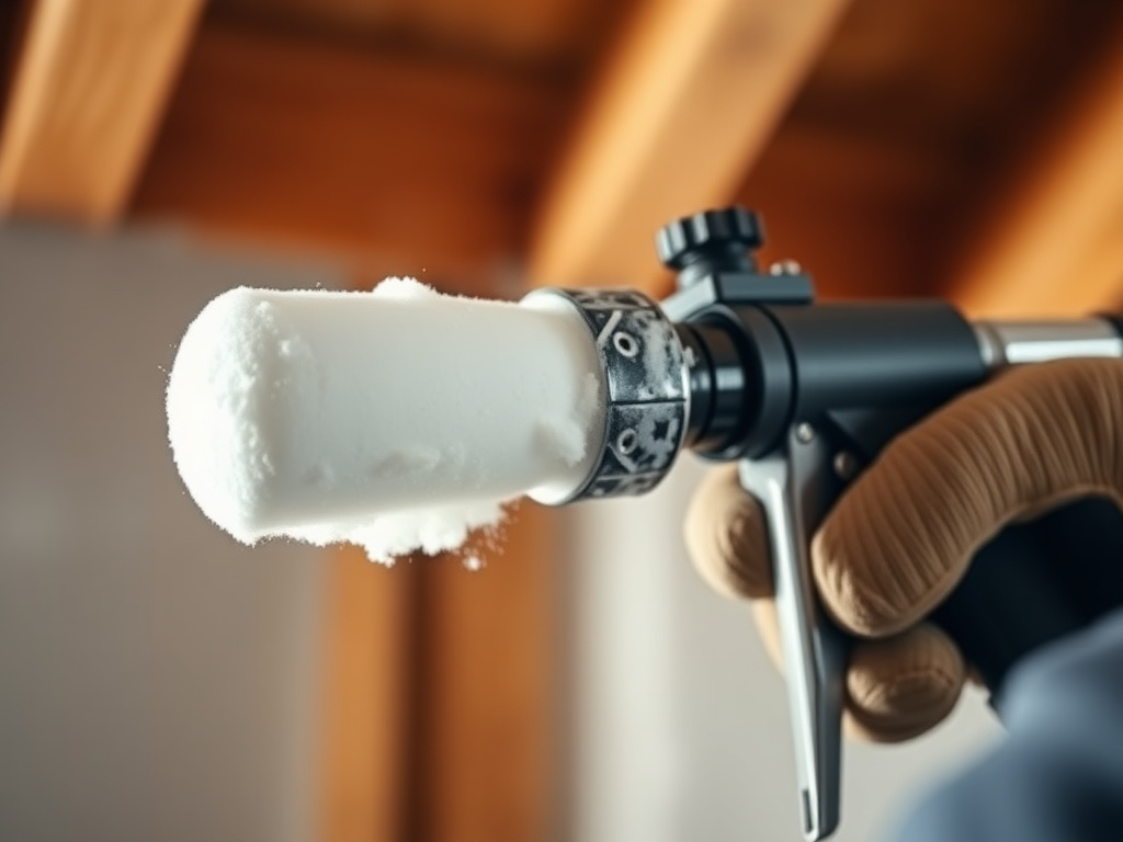 Close-up of a spray foam insulation gun applying cured foam texture