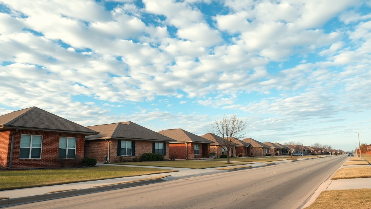 Suburban Oklahoma City, Oklahoma neighborhood street under a wide prairie sky