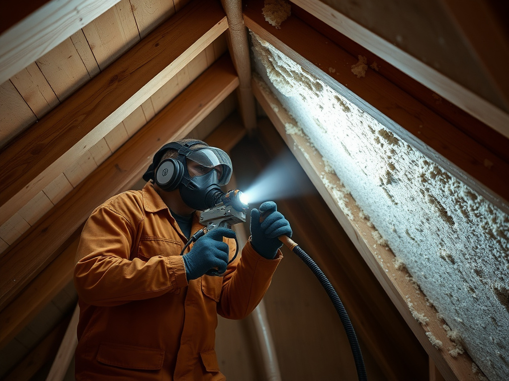 Technician spraying closed-cell foam insulation onto an attic roof deck